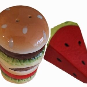 Hamburger Salt Shaker and Ceramic Watermelon Slice